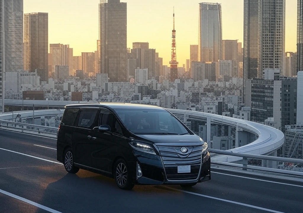 Private passenger van with the Tokyo skyline in the background